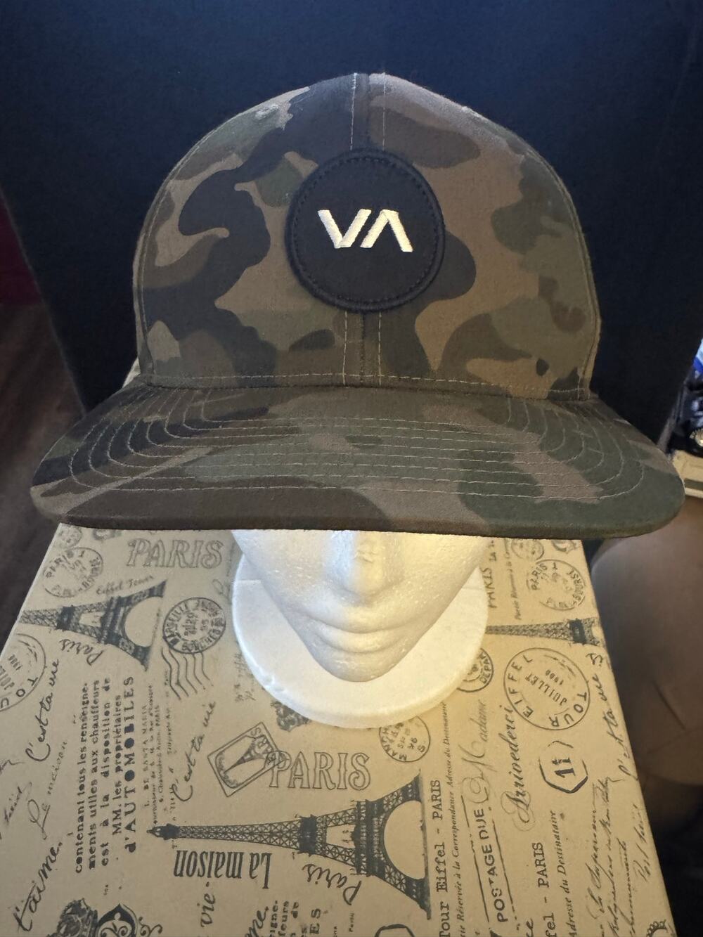 RVCA VA Snapback Hat Camo Black Gray Adjustable Mid Fit Cap Skate Surf Street